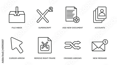 user interface outline icons set. thin line icons such as file inbox, superscript, add new document, accounts, cursor arrow, remove right frame, crossed arrows, new message vector.