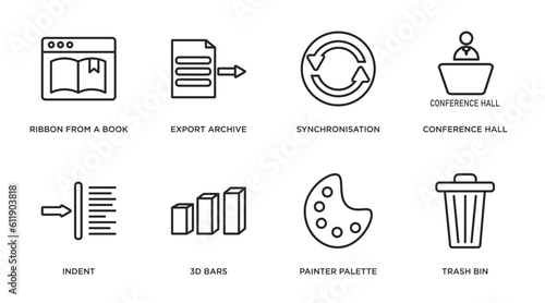 user interface outline icons set. thin line icons such as ribbon from a book, export archive, synchronisation, conference hall, indent, 3d bars, painter palette, trash bin vector.