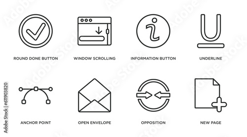 user interface outline icons set. thin line icons such as round done button, window scrolling right, information button, underline, anchor point, open envelope, opposition, new page vector.