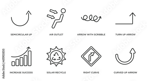 user interface outline icons set. thin line icons such as semicircular up arrow, air outlet, arrow with scribble, turn up arrow, increase success, solar recycle, right curve, curved up vector.