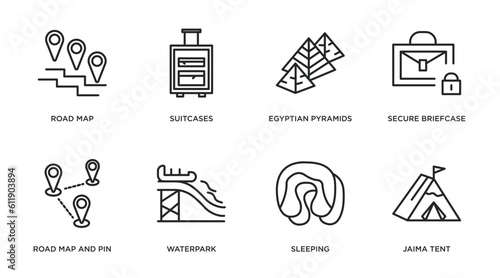 travel outline icons set. thin line icons such as road map, suitcases, egyptian pyramids, secure briefcase, road map and pin, waterpark, sleeping, jaima tent vector.