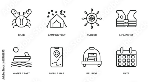 travel outline icons set. thin line icons such as crab, camping tent, rudder, lifejacket, water craft, mobile map, bellhop, date vector.