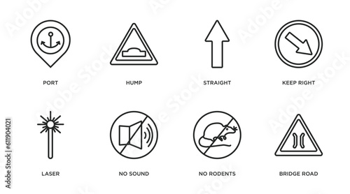 traffic signs outline icons set. thin line icons such as port, hump, straight, keep right, laser, no sound, no rodents, bridge road vector.