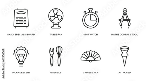 tools and utensils outline icons set. thin line icons such as daily specials board, table fan, stopwatch, maths compass tool, incandescent, utensils, chinese fan, attached vector.