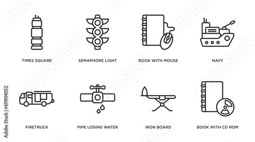 tools and utensils outline icons set. thin line icons such as times square, semaphore light, book with mouse, navy, firetruck, pipe losing water, iron board, book with cd rom vector.