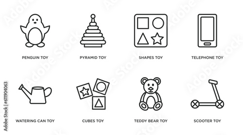 toys outline icons set. thin line icons such as penguin toy, pyramid toy, shapes toy, telephone watering can cubes teddy bear scooter vector. photo
