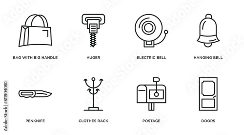 tools and utensils outline icons set. thin line icons such as bag with big handle, auger, electric bell, hanging bell, penknife, clothes rack, postage, doors vector.