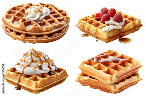 vanilla waffle with whipped cream, fruit, syrup, honey and ice cream on a transparent background, Generative AI
