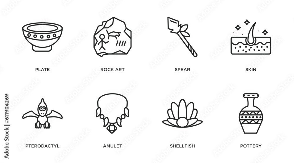 stone age outline icons set. thin line icons such as plate, rock art, spear, skin, pterodactyl, amulet, shellfish, pottery vector.