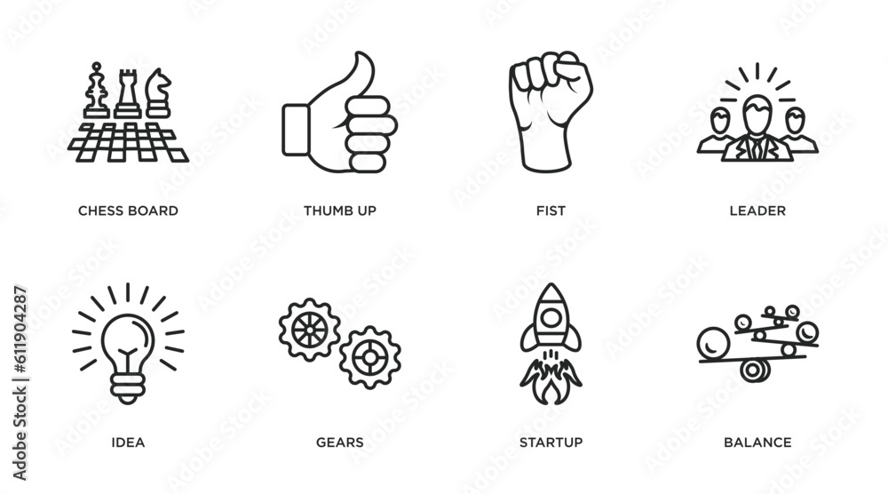 success outline icons set. thin line icons such as chess board, thumb up, fist, leader, idea, gears, startup, balance vector.