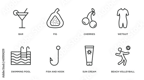 summer outline icons set. thin line icons such as bar, fig, cherries, wetsuit, swimming pool, fish and hook, sun cream, beach volleyball vector.