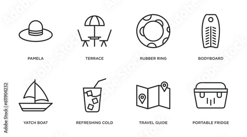 summer outline icons set. thin line icons such as pamela, terrace, rubber ring, bodyboard, yatch boat, refreshing cold drink, travel guide, portable fridge vector.