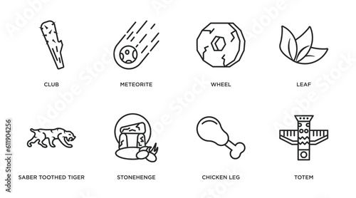 stone age outline icons set. thin line icons such as club, meteorite, wheel, leaf, saber toothed tiger, stonehenge, chicken leg, totem vector.