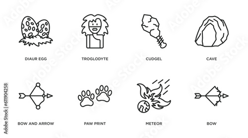 stone age outline icons set. thin line icons such as diaur egg, troglodyte, cudgel, cave, bow and arrow, paw print, meteor, bow vector.