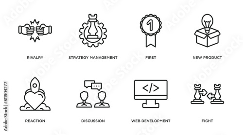 startup stategy and outline icons set. thin line icons such as rivalry, strategy management, first, new product, reaction, discussion, web development, fight vector.