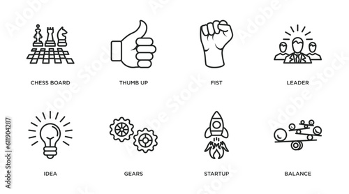 success outline icons set. thin line icons such as chess board, thumb up, fist, leader, idea, gears, startup, balance vector.
