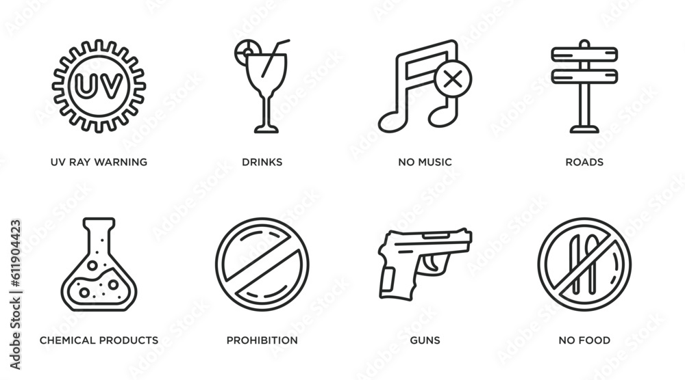 signs outline icons set. thin line icons such as uv ray warning, drinks, no music, roads, chemical products, prohibition, guns, no food vector. signs outline icons set. thin line icons such as uv ray warning, drinks, no music, roads, chemical products, prohibition, guns, no food vector.