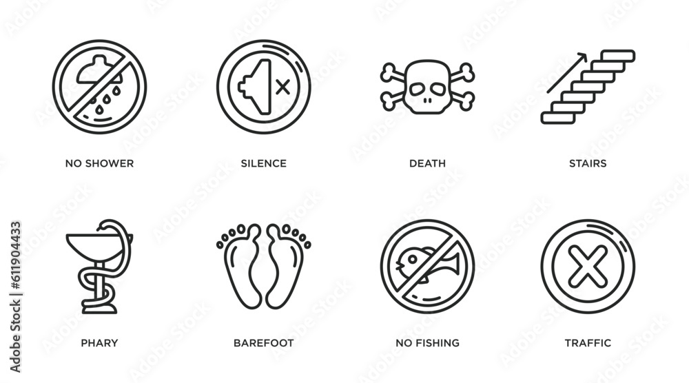 signs outline icons set. thin line icons such as no shower, silence, death, stairs, phary, barefoot, no fishing, traffic vector.