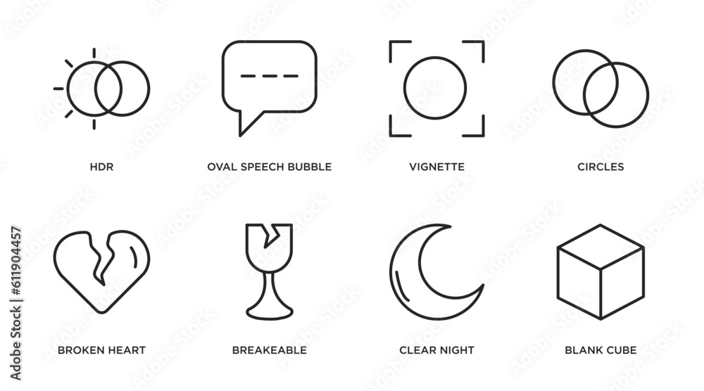 shapes outline icons set. thin line icons such as hdr, oval speech bubble, vignette, circles, broken heart, breakeable, clear night, blank cube vector. shapes outline icons set. thin line icons such as hdr, oval speech bubble, vignette, circles, broken heart, breakeable, clear night, blank cube vector.