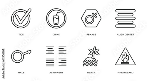 signs outline icons set. thin line icons such as tick, drink, female, align center, male, alignment, beach, fire hazard vector.