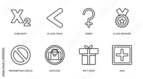 signs outline icons set. thin line icons such as subscript, is less than, ceres, class reward, prohibition circle, suitcase, gift shop, add vector.
