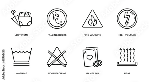 signs outline icons set. thin line icons such as lost items, falling rocks, fire warning, high voltage, washing, no bleaching, gambling, heat vector.
