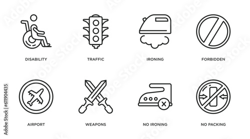 signs collection. thin outline icons set. thin line icons such as disability, traffic, ironing, forbidden, airport, weapons, no ironing, no packing vector.
