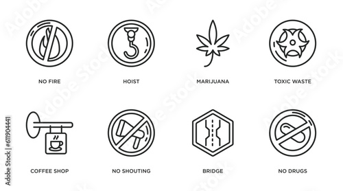 signs outline icons set. thin line icons such as no fire  hoist  marijuana  toxic waste  coffee shop  no shouting  bridge  no drugs vector.