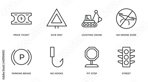 signaling outline icons set. thin line icons such as price ticket, give way, hoisting crane, no drone zone, parking brake, no hooks, pit stop, street vector.