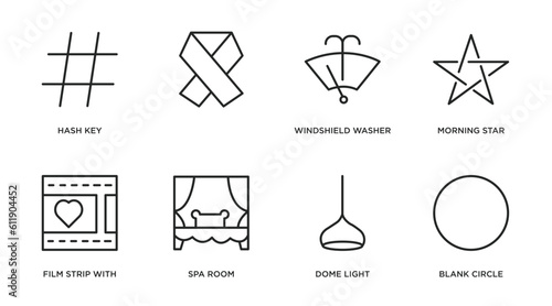 shapes outline icons set. thin line icons such as hash key, , windshield washer, morning star, film strip with heart, spa room, dome light, blank circle vector.