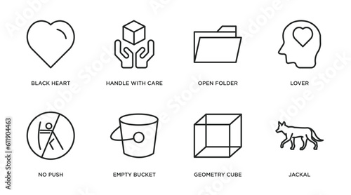 shapes outline icons set. thin line icons such as black heart, handle with care, open folder, lover, no push, empty bucket, geometry cube, jackal vector.