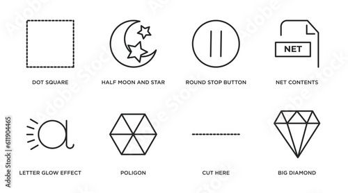 shapes outline icons set. thin line icons such as dot square, half moon and star, round stop button, net contents, letter glow effect, poligon, cut here, big diamond vector.