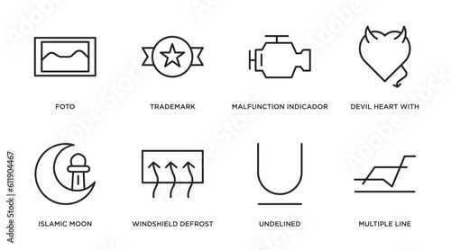 shapes outline icons set. thin line icons such as foto, trademark, malfunction indicador, devil heart with wings, islamic moon, windshield defrost, undelined, multiple line vector.