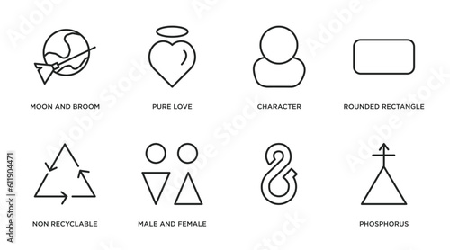 shapes outline icons set. thin line icons such as moon and broom, pure love, character, rounded rectangle, non recyclable, male and female, , phosphorus vector.