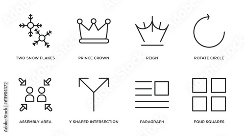 shapes outline icons set. thin line icons such as two snow flakes, prince crown, reign, rotate circle, assembly area, y shaped intersection, paragraph, four squares vector.