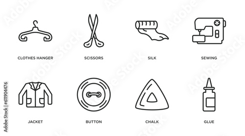 sew outline icons set. thin line icons such as clothes hanger, scissors, silk, sewing, jacket, button, chalk, glue vector.