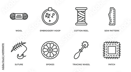 sew collection. thin outline icons set. thin line icons such as wool, embroidery hoop, cotton reel, sew pattern, suture, spokes, tracing wheel, patch vector.