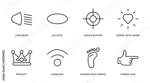 shapes outline icons set. thin line icons such as low beam, elliptic, focus button, heart with shine, royalty, wireless, human foot prints, finger gun vector.