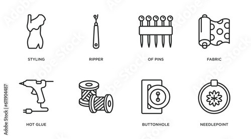 sew outline icons set. thin line icons such as styling, ripper, of pins, fabric, hot glue, , buttonhole, needlepoint vector.