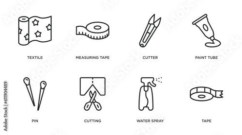sew outline icons set. thin line icons such as textile, measuring tape, cutter, paint tube, pin, cutting, water spray, tape vector.