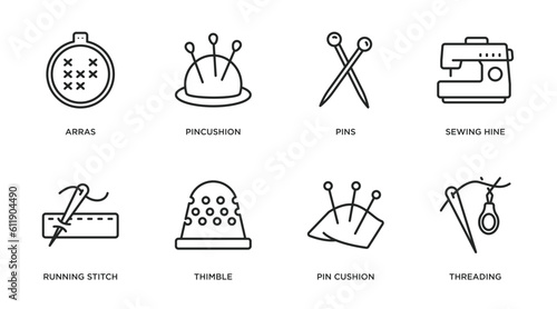 sew outline icons set. thin line icons such as arras, pincushion, pins, sewing hine, running stitch, thimble, pin cushion, threading vector.