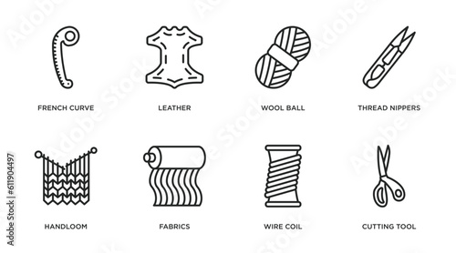 sew outline icons set. thin line icons such as french curve, leather, wool ball, thread nippers, handloom, fabrics, wire coil, cutting tool vector.