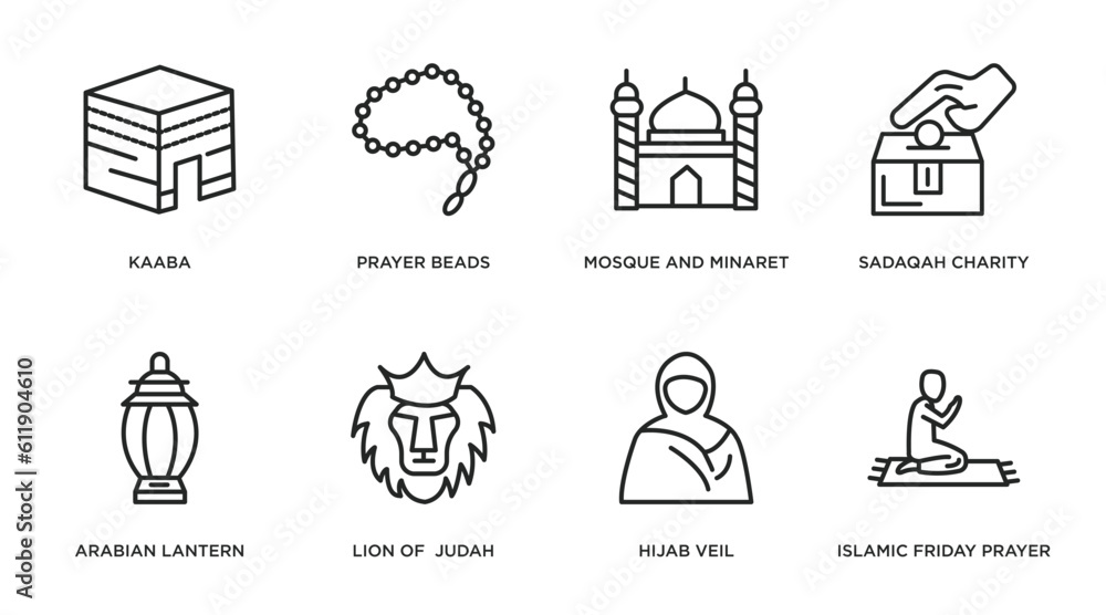 Naklejka premium religion outline icons set. thin line icons such as kaaba, prayer beads, mosque and minaret, sadaqah charity, arabian lantern, lion of judah, hijab veil, islamic friday prayer vector.