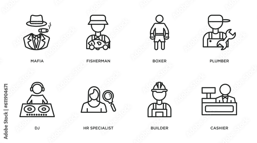 professions outline icons set. thin line icons such as mafia, fisherman, boxer, plumber, dj, hr specialist, builder, cashier vector. professions outline icons set. thin line icons such as mafia, fisherman, boxer, plumber, dj, hr specialist, builder, cashier vector.