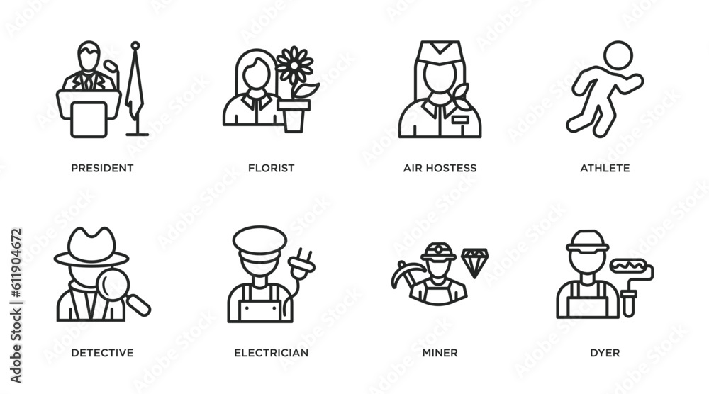 professions outline icons set. thin line icons such as president, florist, air hostess, athlete, detective, electrician, miner, dyer vector.
