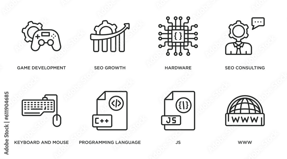 programming outline icons set. thin line icons such as game development, seo growth, hardware, seo consulting, keyboard and mouse, programming language, js, www vector. programming outline icons set. thin line icons such as game development, seo growth, hardware, seo consulting, keyboard and mouse, programming language, js, www vector.