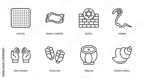 religion outline icons set. thin line icons such as matzo, magic carpet, kotel, cobra, dua hands, challah, tablas, conch shell vector.