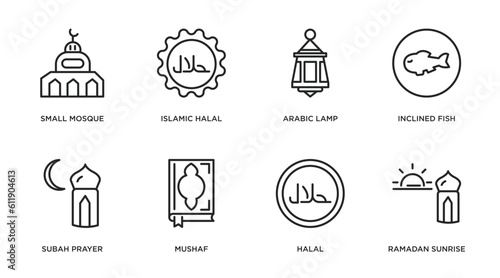 religion outline icons set. thin line icons such as small mosque, islamic halal, arabic lamp, inclined fish, subah prayer, mushaf, halal, ramadan sunrise vector.