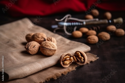 Walnuts and a nutcracker on a rustic fabric cover