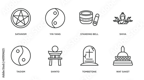 religion outline icons set. thin line icons such as satanism, yin yang, standing bell, shiva, taoism, shinto, tombstone, wat saket vector. photo
